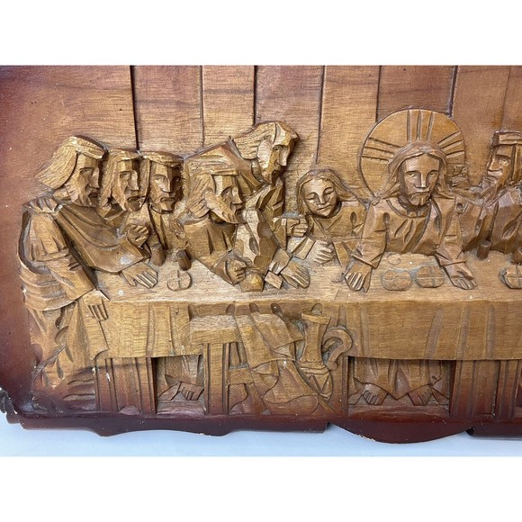 Hand Carved Wooden Last Supper 3D Sculpture Wall Plaque Art Work Religious Wood - Picture 3 of 8
